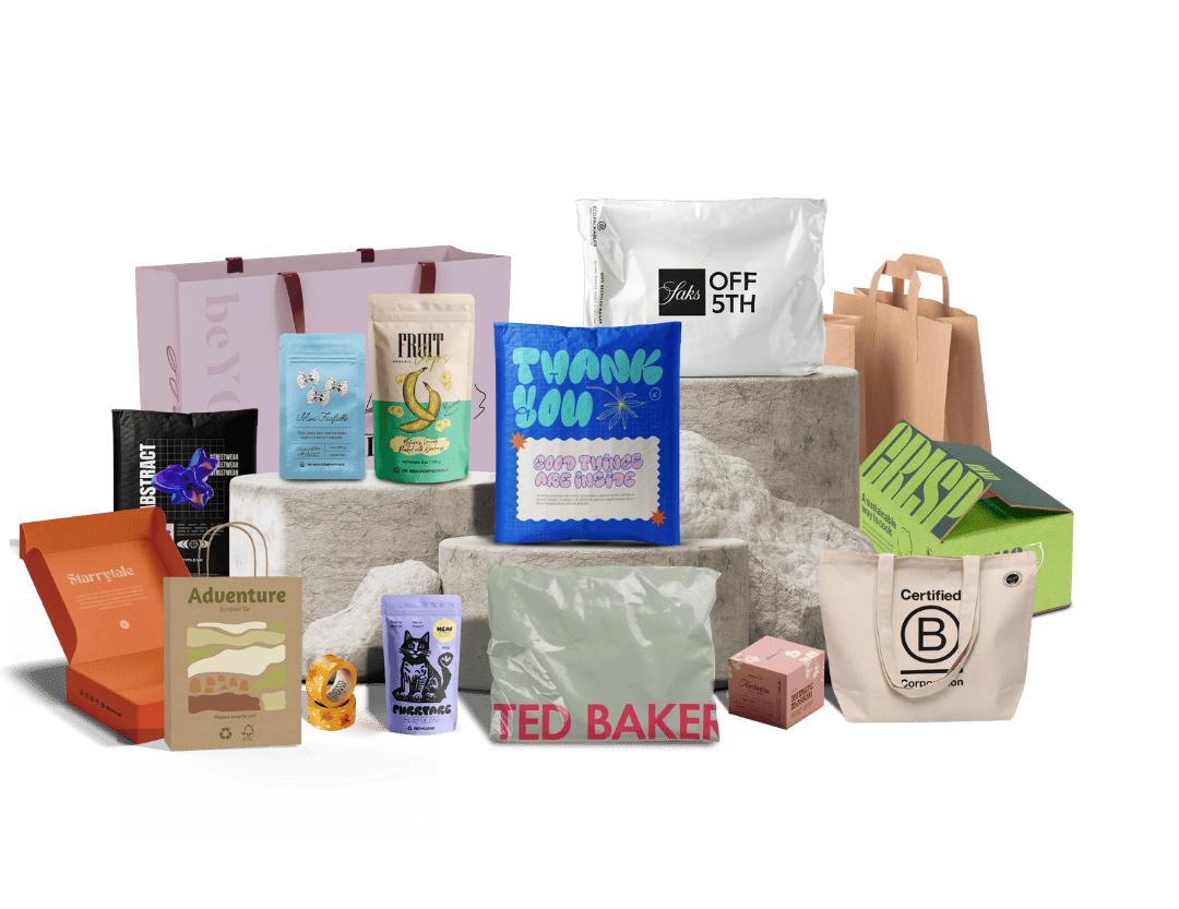 Collection of various branded products including bags, boxes, and containers.