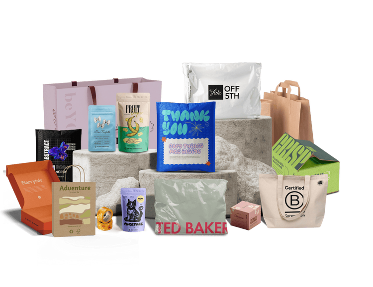 Collection of various branded products including bags, boxes, and containers.