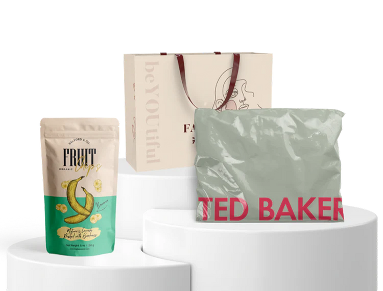 pouch, ted baker polymailer, and premium shopping bag on different white platforms