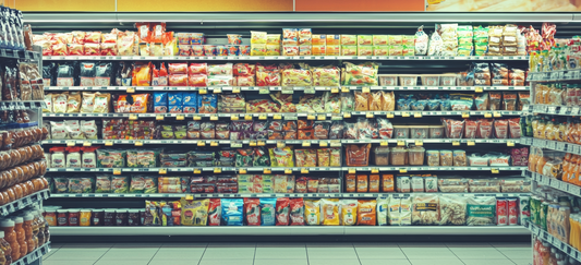 Store food display with different food packaging on shelves 