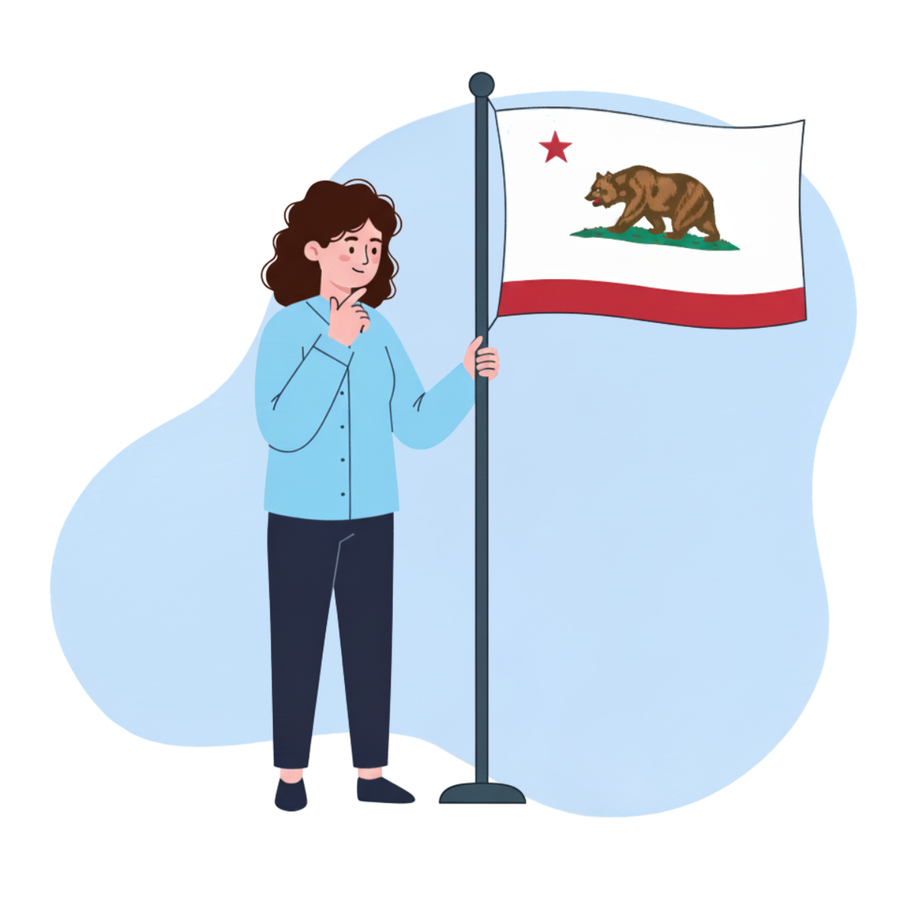 Illustration of a person holding a flagpole with the California state flag 