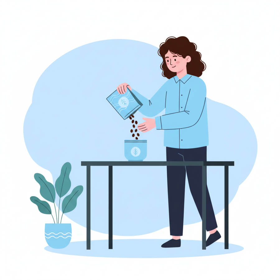 Illustration of a person pouring coffee beans into a pot on a table with a plant in the background