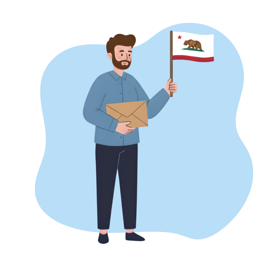 Illustration of a person holding a Kraft mailer and a California flag on a light blue background