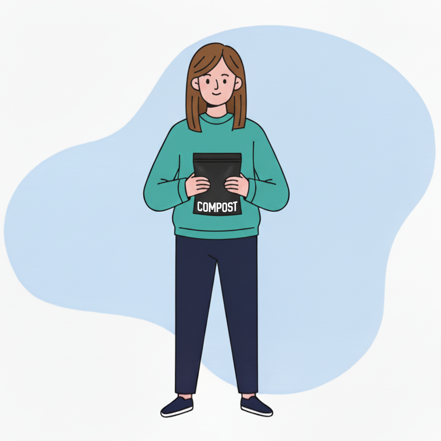Illustration of a person holding a compostable mailer with a blue background