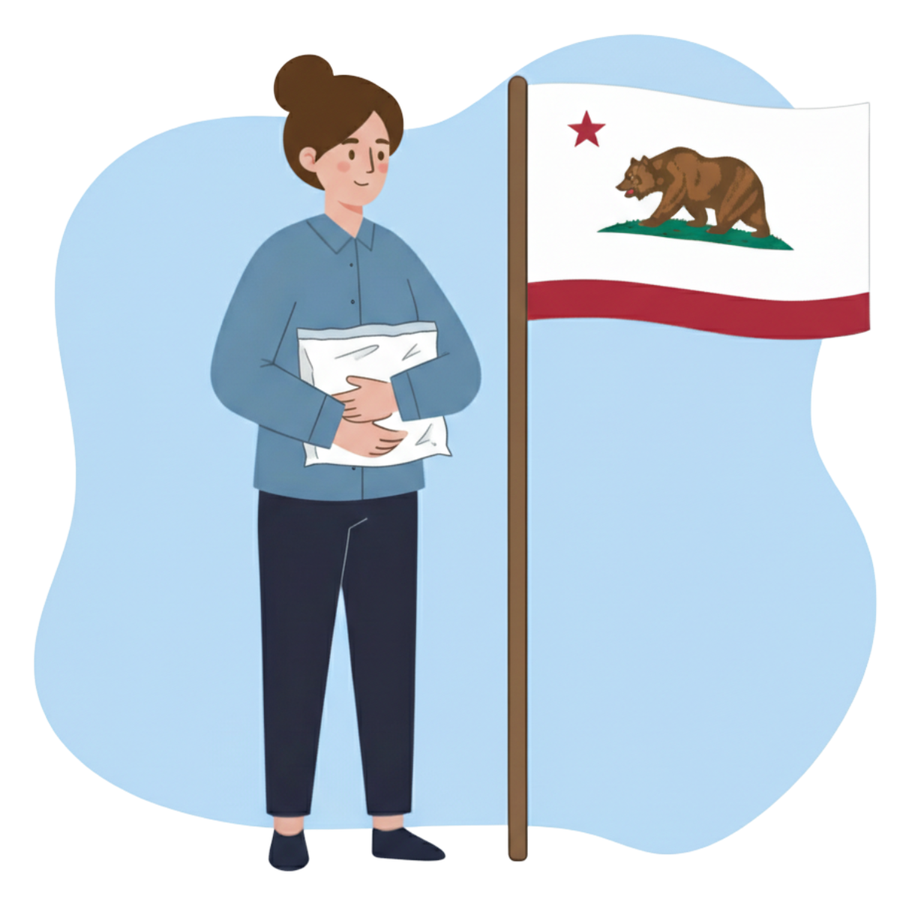 Illustration of a person holding a polymailer next to a California flag 