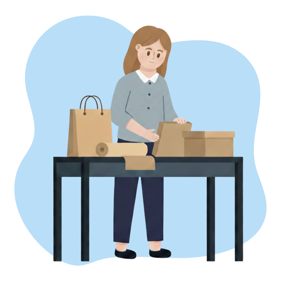 Illustration of a person looking at different Kraft based packaging on table with a blue background