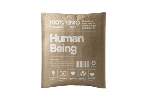 Brown Kraft honeycomb padded mailer with the main text on it saying "Human Being"