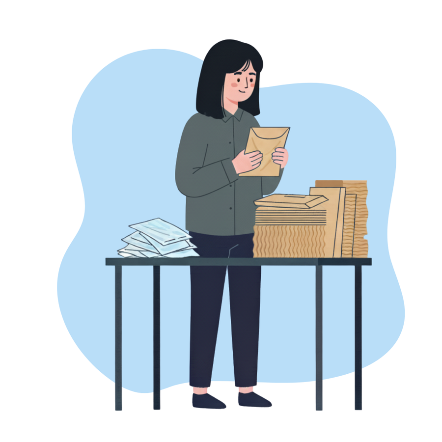 Illustration of a person organizing documents at a desk with a light blue background