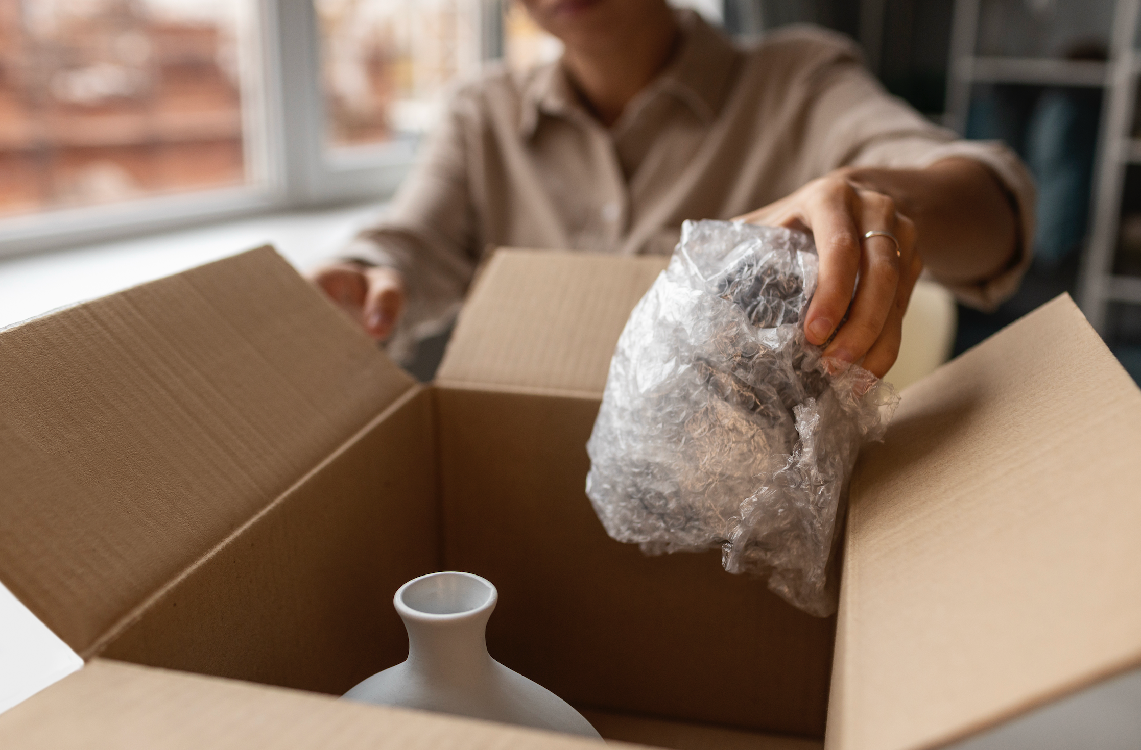 Woman opening a box with bubble wrap packaging