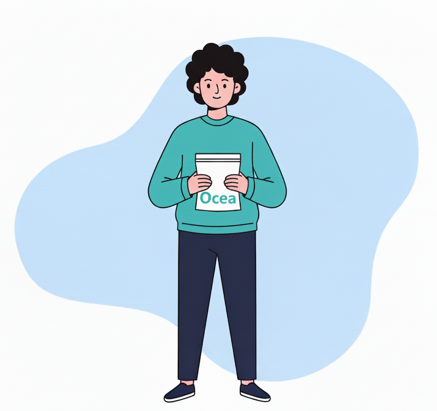 Illustration of a person holding a polybag labeled 'Ocea' with a blue cloud-like blue shape behind them