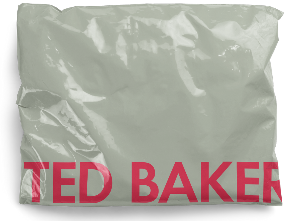 Finished Ted Baker home compostable polymailer with branded edge-to-edge print, final production sample