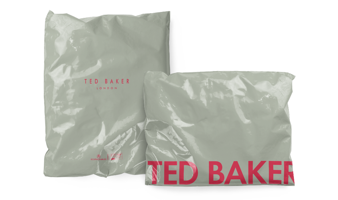 Ted Baker branded polymailer shown front and back, made from home compostable D42 film with edge-to-edge custom print