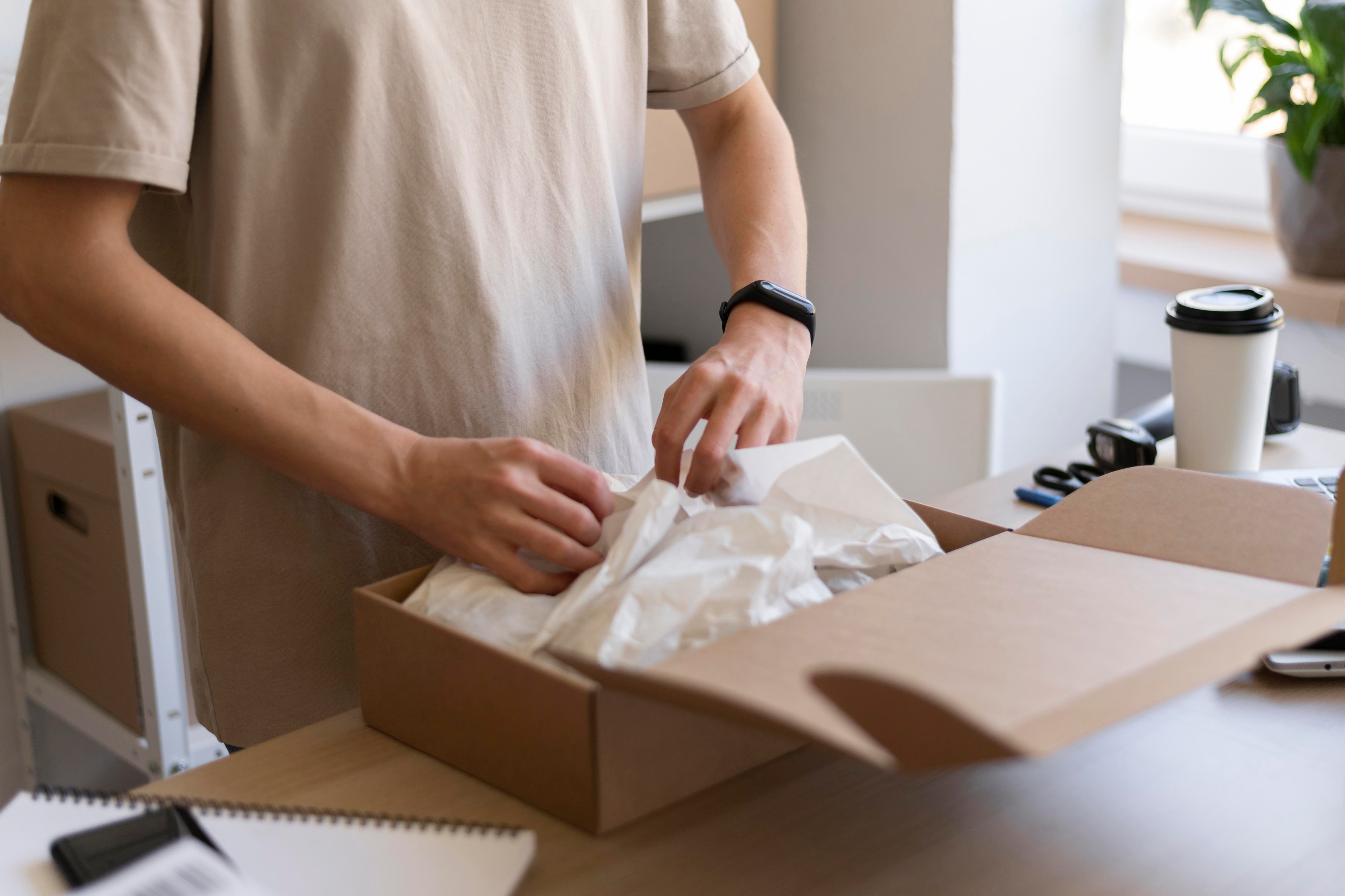 Close up of hands packing an item for end of life friendly disposal