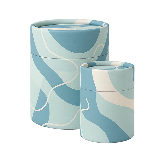 Two paper tubes with a blue and white abstract pattern