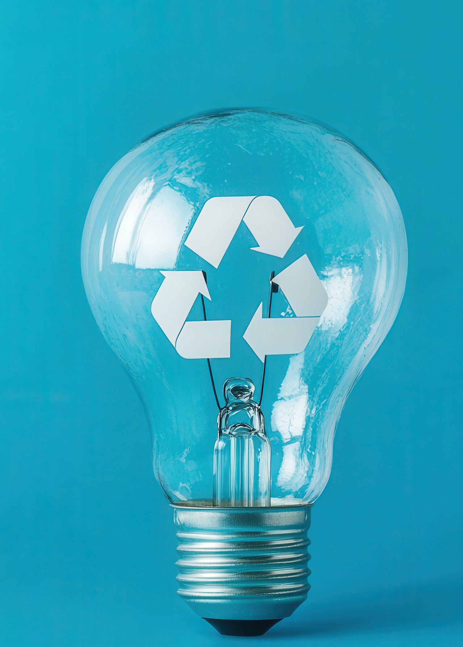 Clear light bulb with a recycling symbol on a blue background