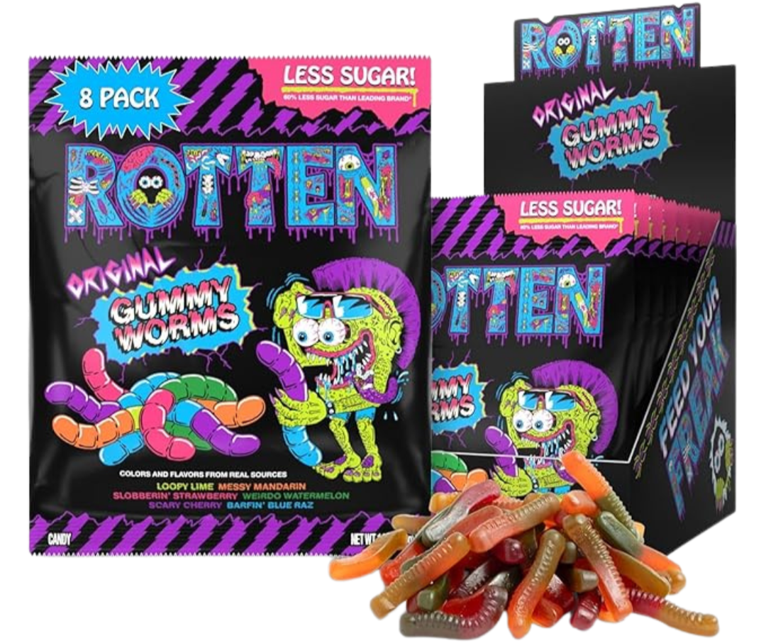 Rotten gummy worm compostable stand-up pouch packaging with bold, colorful branding