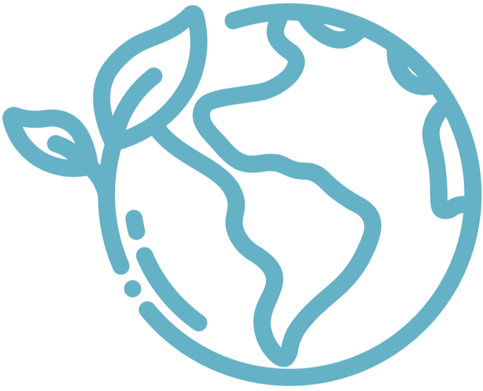 Blue icon of a globe with leaves outline.