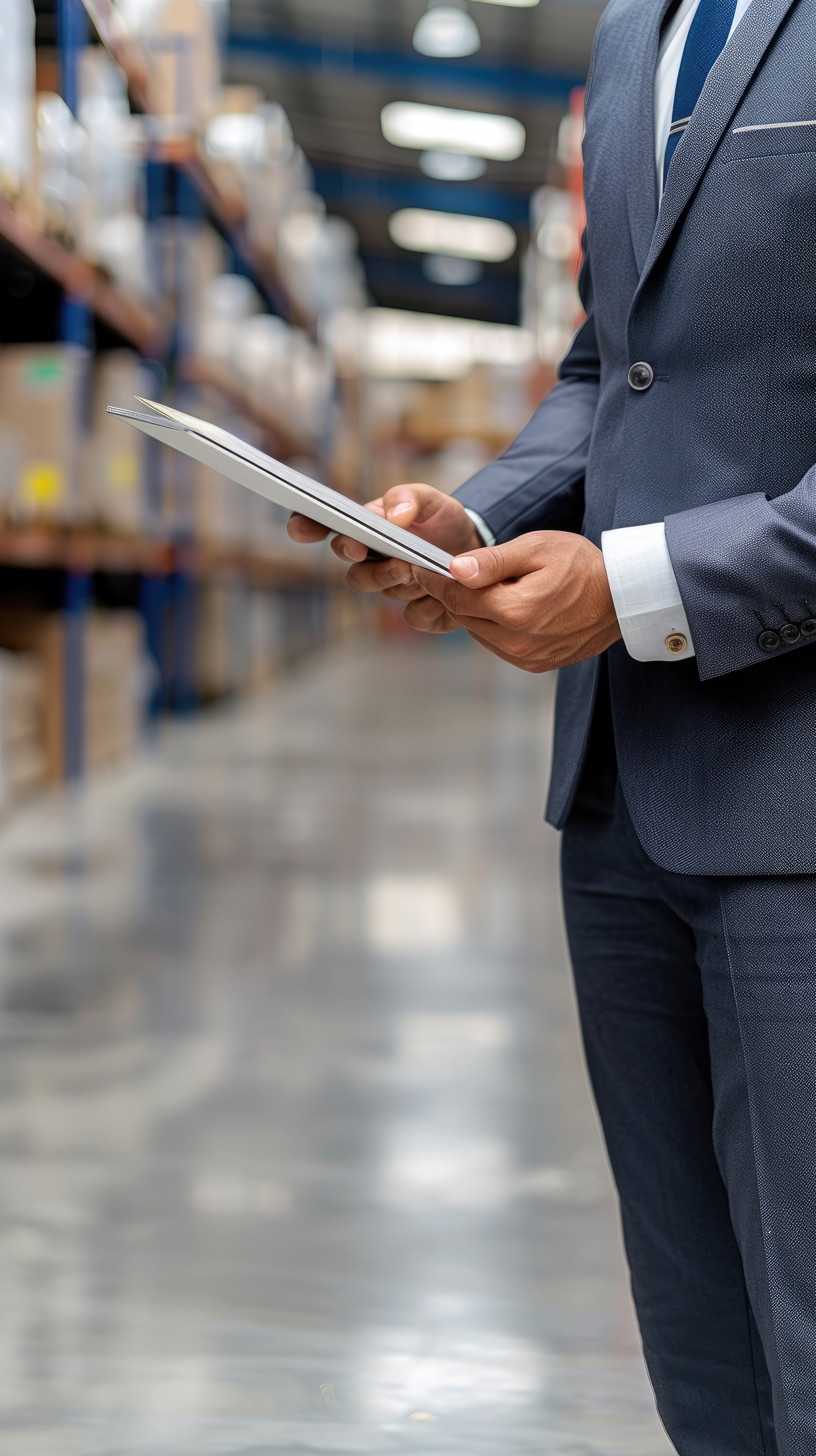 Man in a suit holding a tablet in a warehouse setting